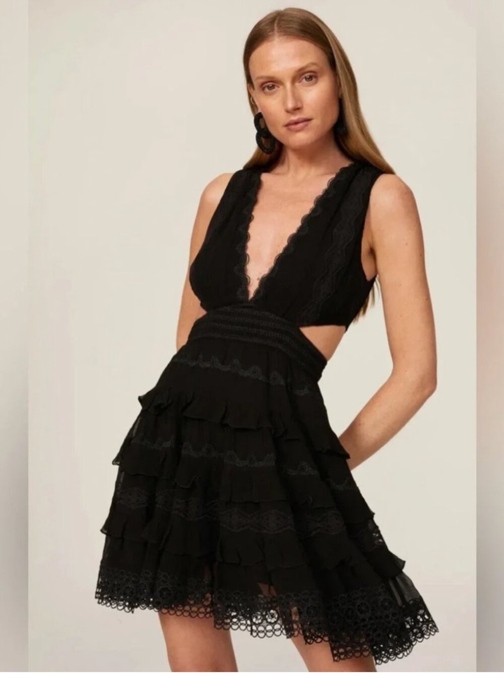 Rococo Sand Tessa Lace Tiered
Mini Dress in Black Sz Large